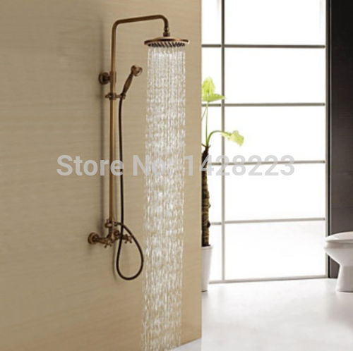 antique brass wall mounted mixer valve rainfall shower faucet complete sets + 8" brass shower head + hand shower + hose - Click Image to Close