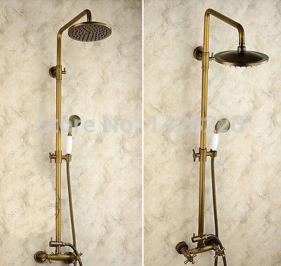luxury wall mounted dual cross handles 8" rain shower faucet complete set antique brass finished with handheld shower
