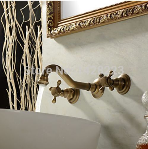 modern antique brass finished wall mounted bathroom basin mixer faucet dual handles 3 holes