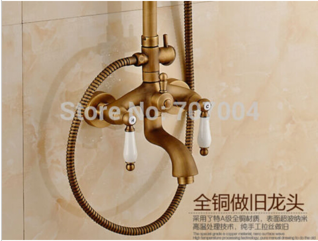 retro style wall mount brass bath shower rainfall faucet antique brass dual handles with handheld shower - Click Image to Close