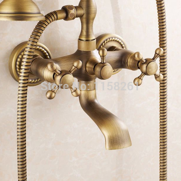 luxury new antique brass rainfall shower set faucet + tub mixer tap + handheld shower wall mounted 6762f