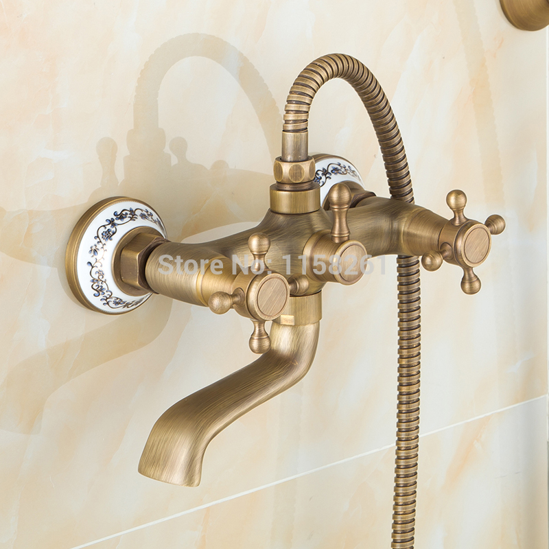 luxury new antique brass rainfall shower set faucet + tub mixer tap + handheld shower wall mounted zly-6755q