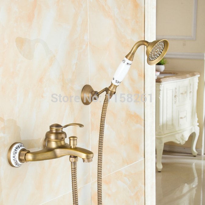 new arrival antique brass shower set faucet+bath tub mixer tap+single handle shower wall mounted zly-6756q