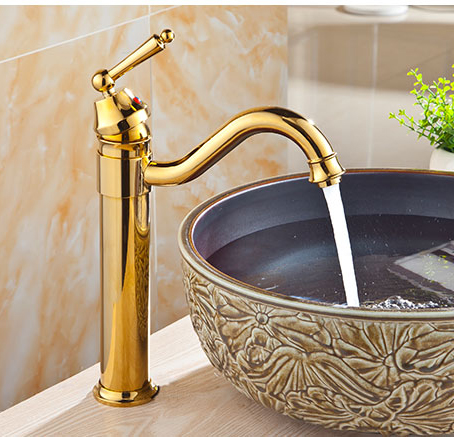 deck mounted tall golden mixer faucet, and cold water tap