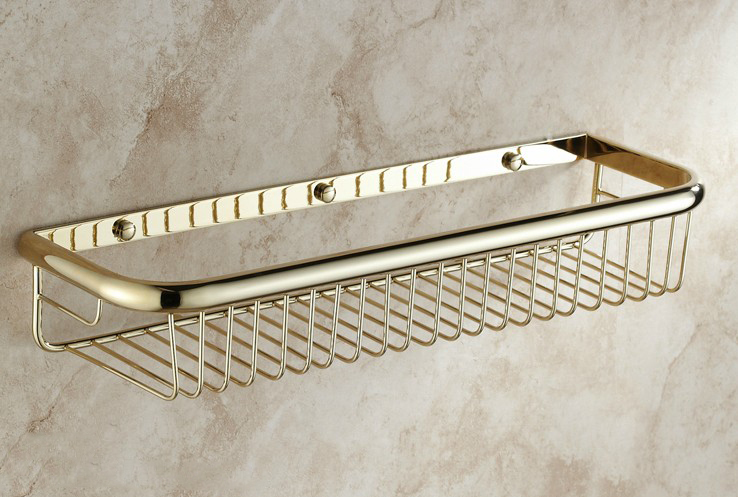 45cm wall mounted golden finish strong brass made square single tier bathroom shelf bathroom basket hj-106k