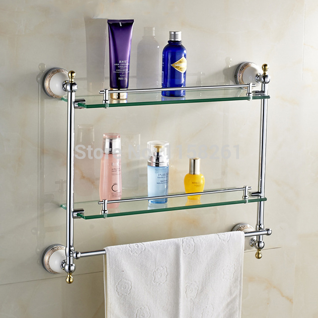 bathroom accessories solid brass chrome finish with tempered glass,double glass shelf bathroom shelf 5516