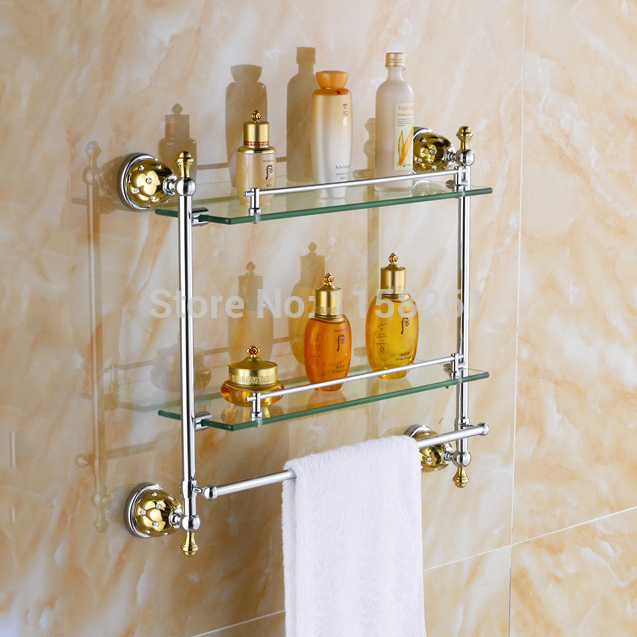 bathroom accessories solid brass chrome+gold finish with tempered glass,double glass shelf bathroom shelf 5416