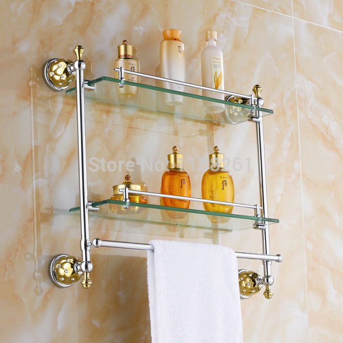 bathroom accessories solid brass chrome+gold finish with tempered glass,double glass shelf bathroom shelf 5416