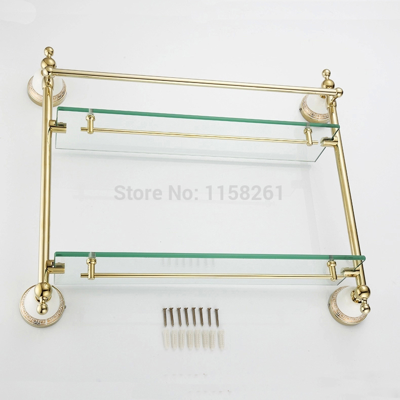 bathroom accessories solid brass golden finish with tempered glass,double glass shelf bathroom shelf 5616