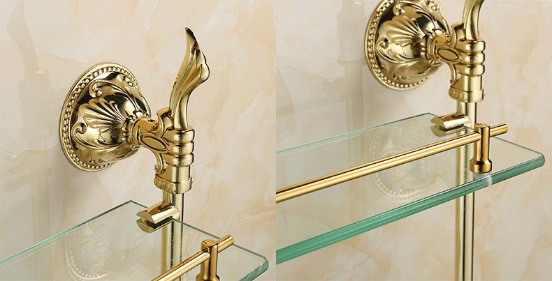 bathroom accessories solid brass golden finish with tempered glass,double glass shelf bathroom shelf zp-9302
