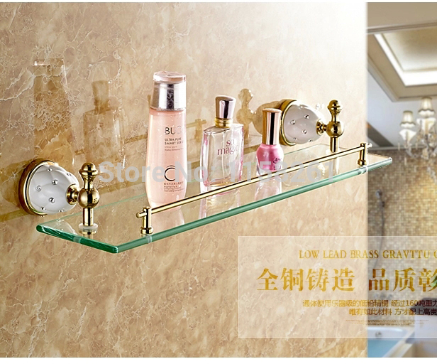 bathroom accessories solid brass golden finish with tempered glass,single glass shelf bathroom shelf 5213