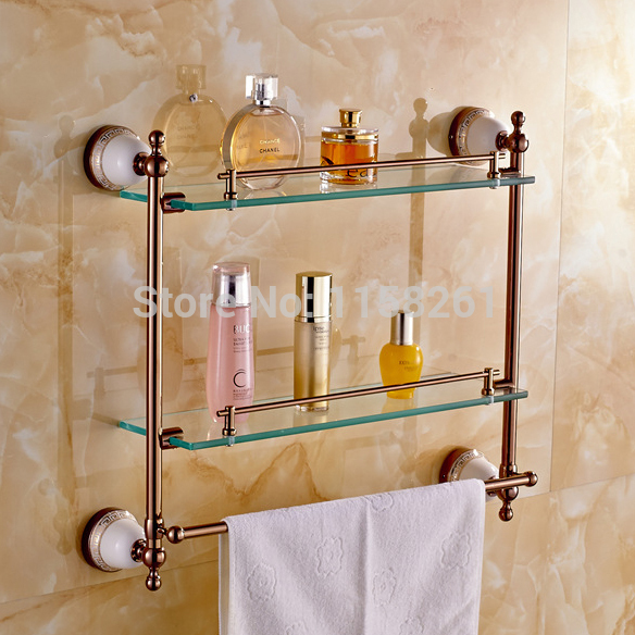 bathroom accessories solid brass rose gold finish with tempered glass,double glass shelf bathroom shelf 5716