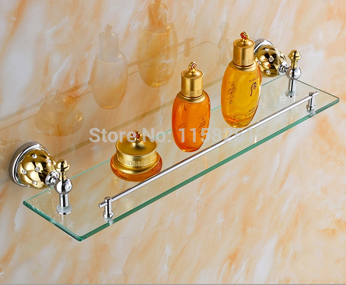 bathroom shelf /bathroom accessories solid brass chrome+gold finish with tempered glass,single glass shelf 5413