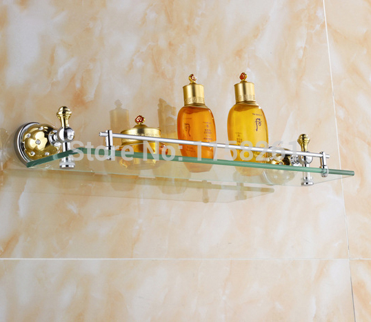 bathroom shelf /bathroom accessories solid brass chrome+gold finish with tempered glass,single glass shelf 5413