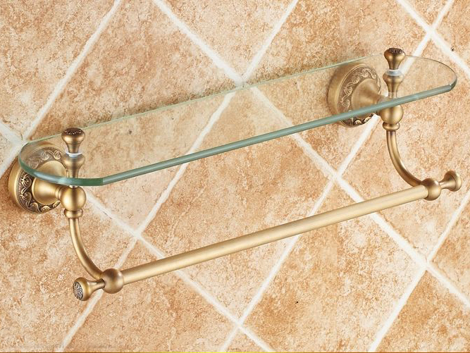 new arrival bathroom accessories solid brass antique finish with tempered glass,single glass shelf st-3711