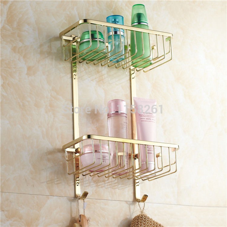 two layer bathroom rack space gold brass towel washing shower basket bar shelf /bathroom accessories kh-1061
