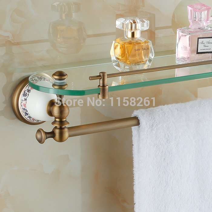 ! wall mounted antique bronze bathroom shelf brass made base + glass shelf single tier bathroom accessaries 3310f