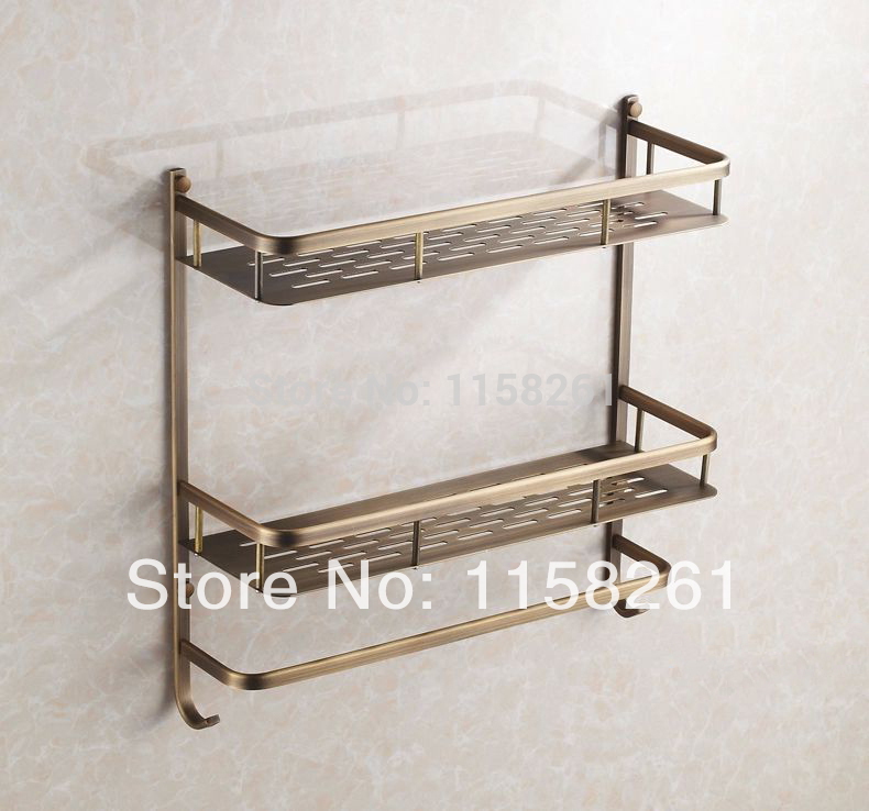 wall mounted antique bronze finish brass bathroom shower shelf two layer basket holder with robe hooks hj-135f