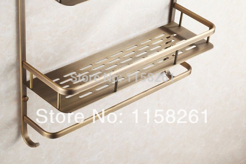 wall mounted antique bronze finish brass bathroom shower shelf two layer basket holder with robe hooks hj-135f