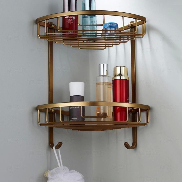 wall mounted antique finish new aluminum bathroom shower shampoo shelf triangle basket holder fashion double layer mj-7011