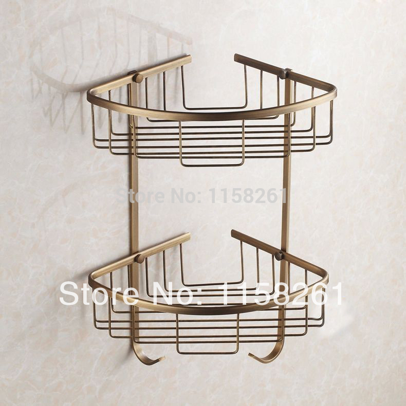 wall mounted antique finish new brass bathroom shower shelf triangle basket holder fashion double layer hj-118