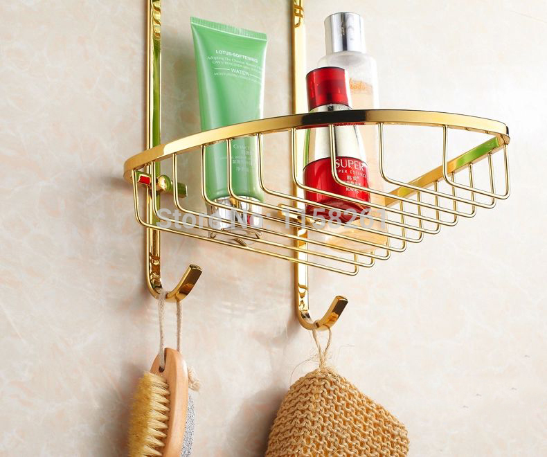 wall mounted gold finish new brass bathroom shower shelf triangle bathroom basket holder sanitary ware hj-119