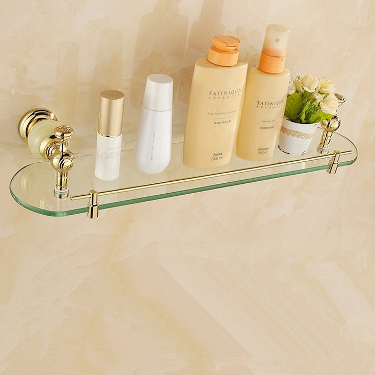 ! wall mounted jade golden bathroom shelf brass made base + glass shelf single tier bathroom accessories hy-28a