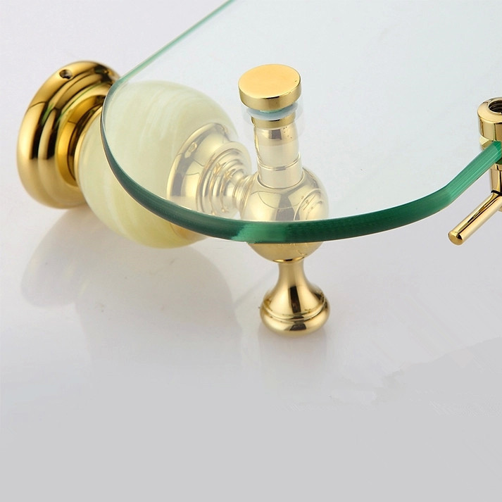 ! wall mounted jade golden bathroom shelf brass made base + glass shelf single tier bathroom accessories hy-28a