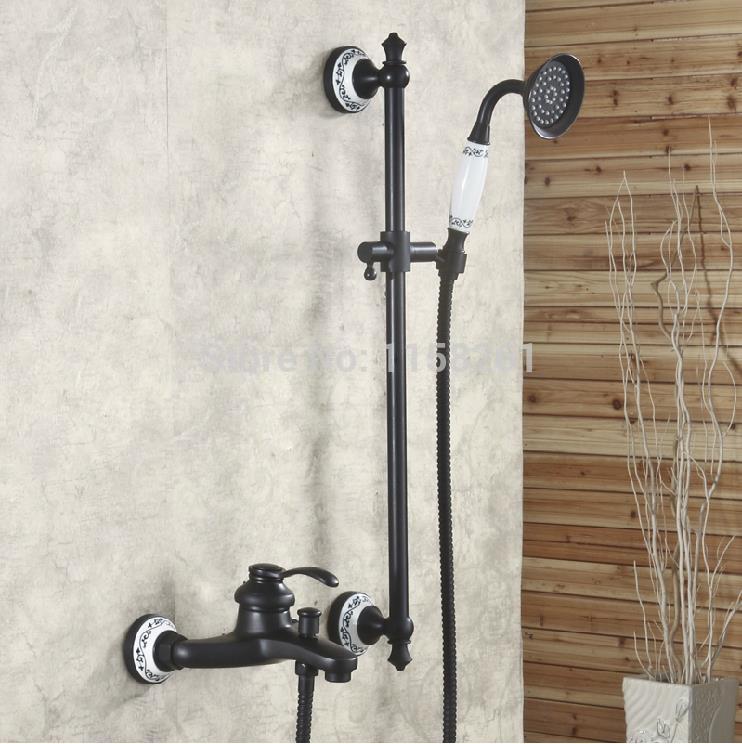 black antique brass dual handle deck mounted bath and shower faucet with handheld showers sy-013r