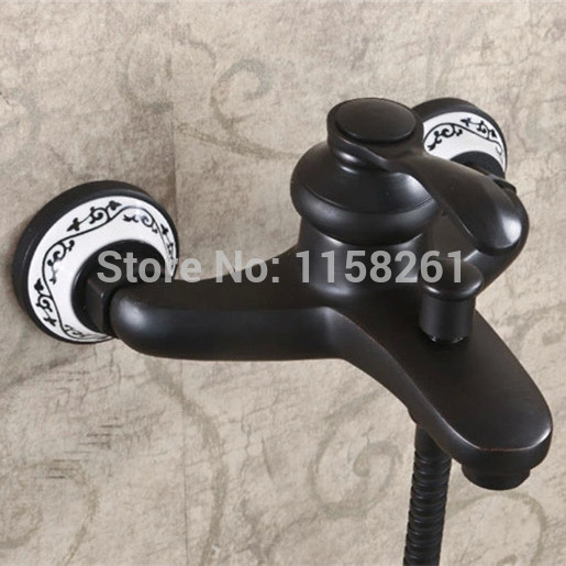 black antique brass dual handle deck mounted bath and shower faucet with handheld showers sy-013r