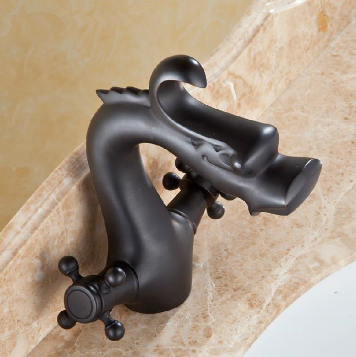 dragon shape creative design basin faucet double handle single hole basin faucet black style bronze basin faucet sy-039r