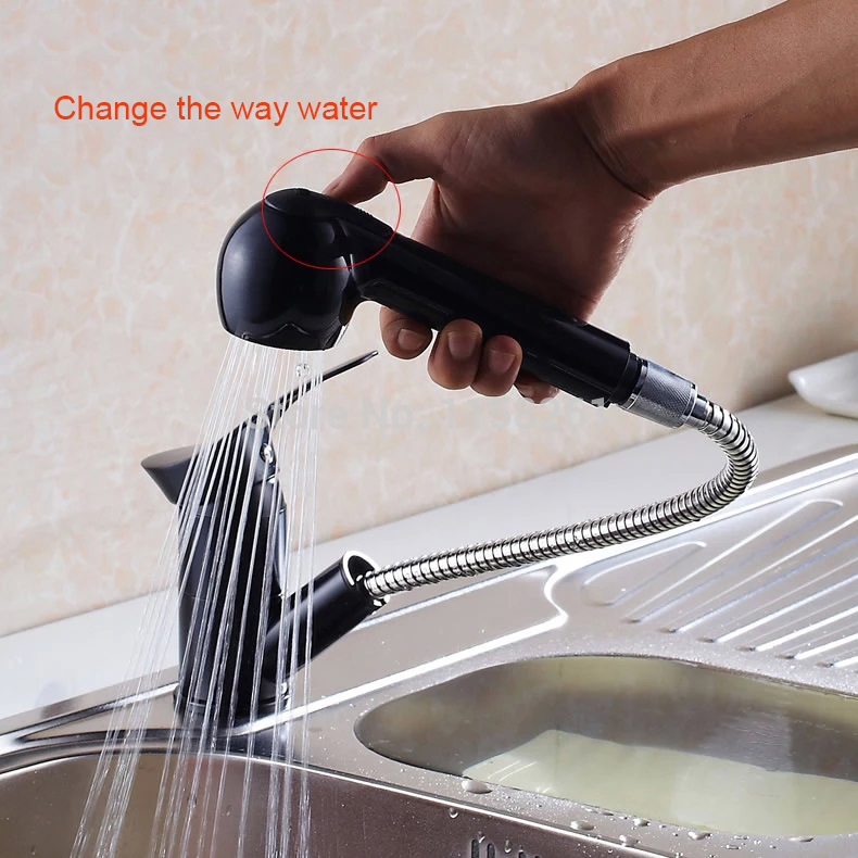 retractable black finish pull out stream spray bathroom faucet mixer tap w/ shower head single handle 9019h