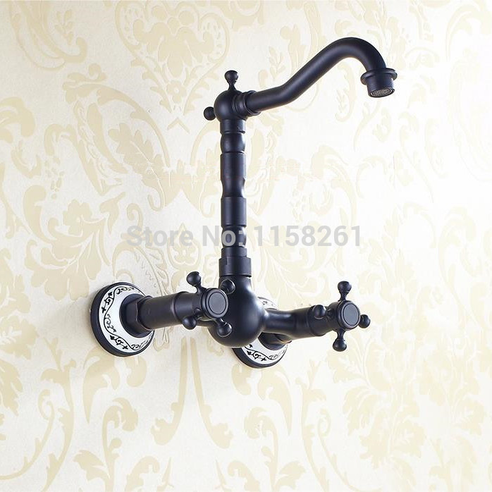 wall mount oil rubbed bronze black bathroom basin sink faucet bathtub mixer tap w/ double handle sy-056r