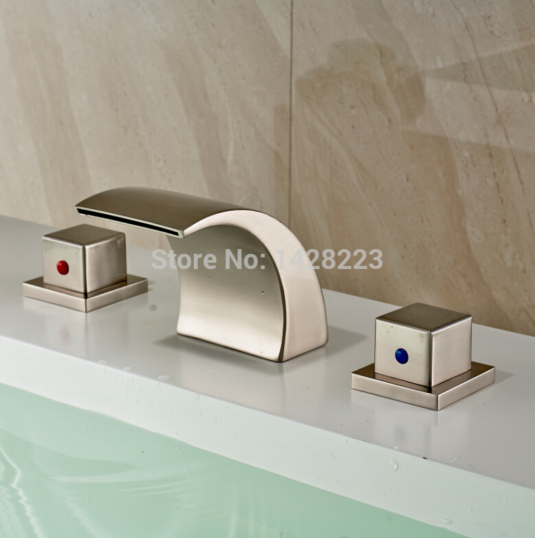 luxury brushed nickel finished dual square handles waterfall basin sink faucet taps deck mounted 3 holes