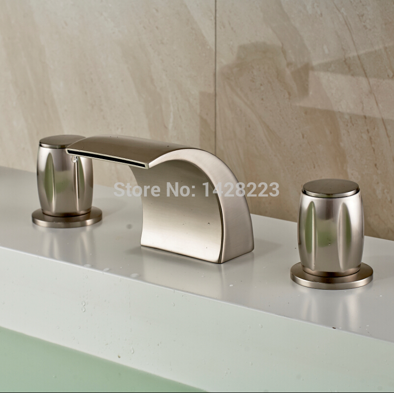 new design deck mounted dual handle waterfall basin sink faucet brushed nickel finished bathroom bathtub faucet set