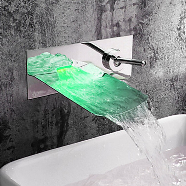 chrome water led bathroom tap faucet temperature color changing led waterfall wall mount bathroom sink faucet lt-306