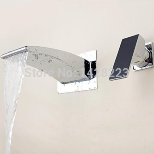 bright chrome wall mounted two holes cold basin faucet single handle bathroom waterfall spout mixer taps