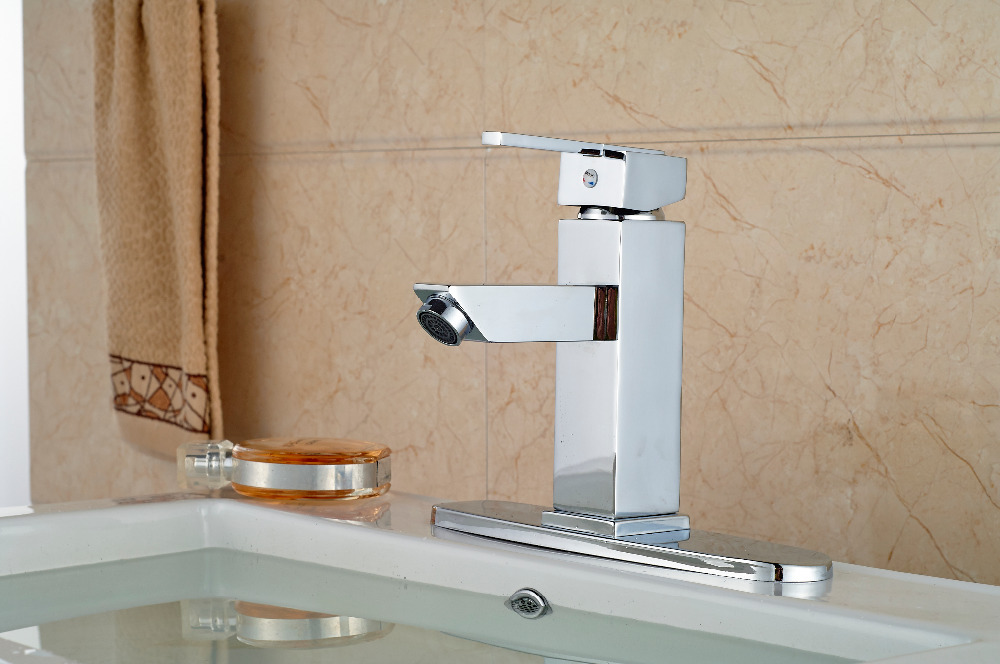 chrome finished bathroom basin faucet deck mount brass and cold mixer water taps with hole cover