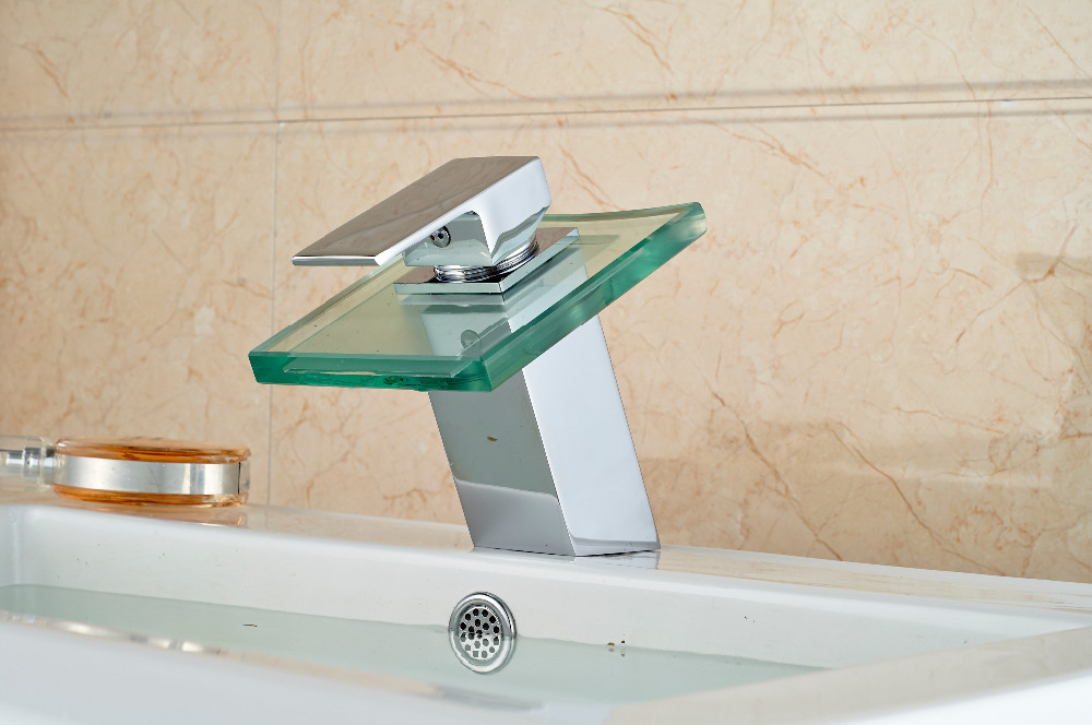 deck mount glass waterfall bathroom sink mixer faucet single lever sanitary basin water taps chrome finish