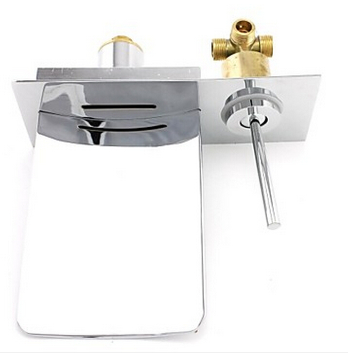 modern wall mount single handle waterfall plate spout basin sink faucet dual hole brass chrome finished