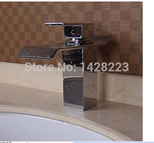 polished chrome deck mounted square waterfall basin sink faucet single handle one hole and cold water