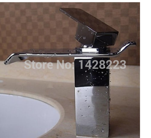 polished chrome deck mounted square waterfall basin sink faucet single handle one hole and cold water