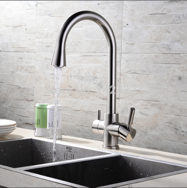 polished chrome dual handles brass kitchen sink faucet deck mounted and cold kitchen mixer tap