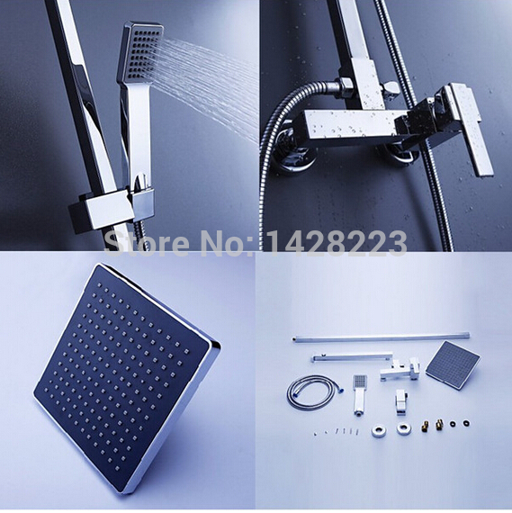 polished chrome exposed 8" rainfall shower set faucet w/ handheld wall mounted shower mixer tap
