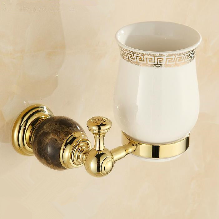 golden jade porcelain cup & tumbler holders brass wall mounted toothbrush cup holder bathroom accessories hy-32b