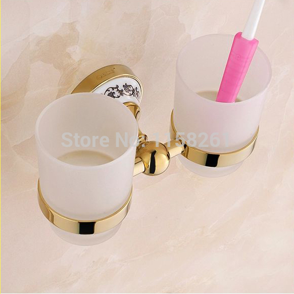 luxury european style golden copper toothbrush tumbler&cup holder with 2 glass cups wall mounted bath product banheiro st-3397