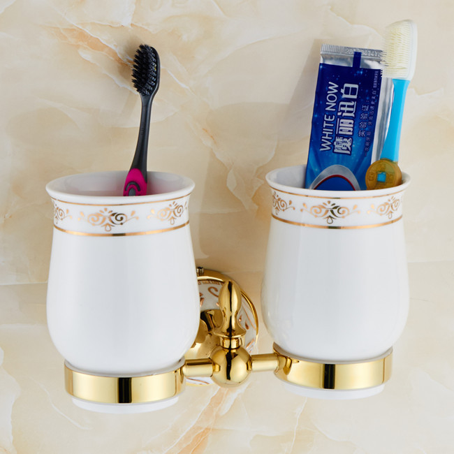 solid brass golden finishing square double cup holder toothbrush holder bathroom accessories product jr-505k