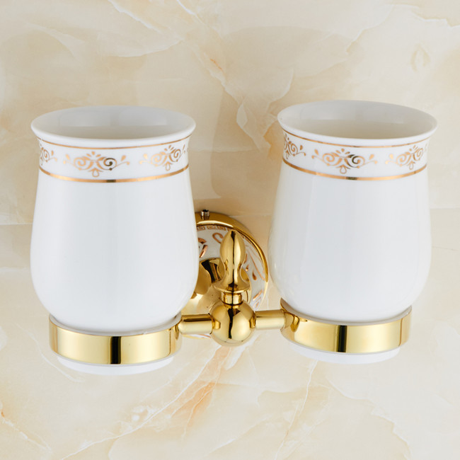 solid brass golden finishing square double cup holder toothbrush holder bathroom accessories product jr-505k