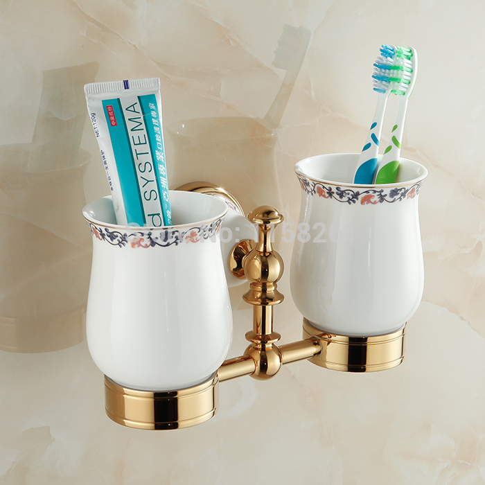 stylish bathroom toothbrush holder dual ceramics cups golden polished tumbler holders gargle cup rack wall mounted xl-3317k