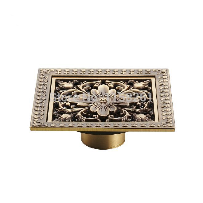 12*12cm euro square antique brass art carved flower bathroom sanitary floor drain waste grate new drain sink hj-8701t